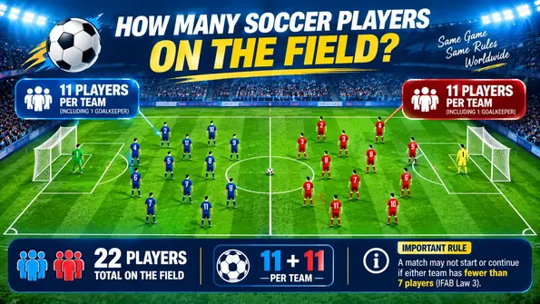How many soccer players on the field showing 11 players per team
