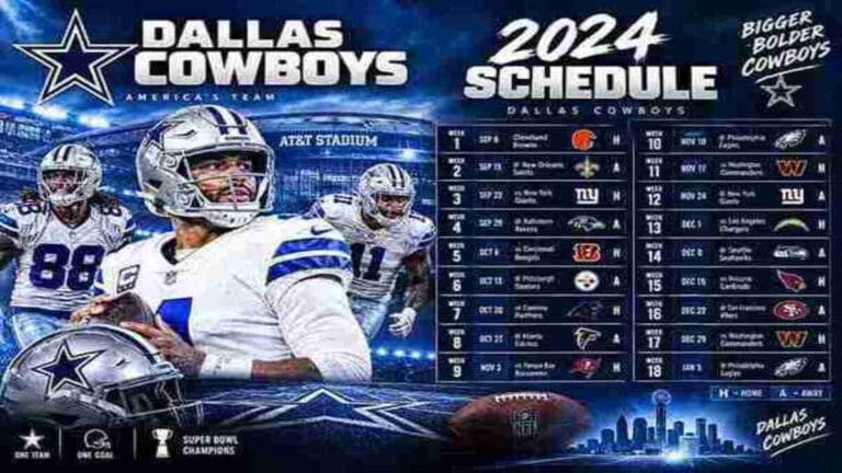 Dallas Cowboys schedule graphic featuring team players, football helmets, AT&T Stadium, and NFL matchups