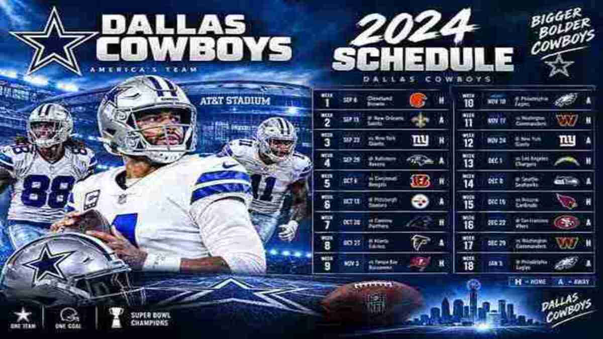 Dallas Cowboys schedule graphic featuring team players, football helmets, AT&T Stadium, and NFL matchups